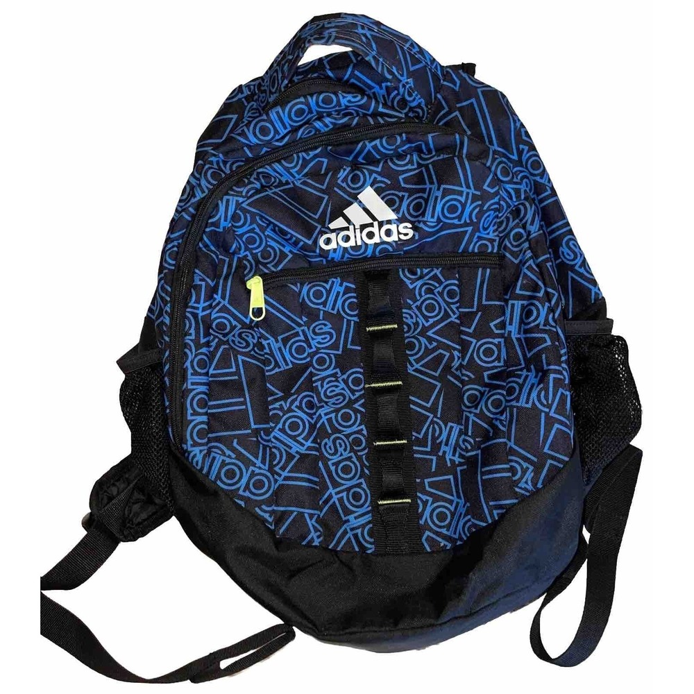 Adidas Stratton 3 Large Backpack Blue Black Logo Print Neon Yellow Accents Clean